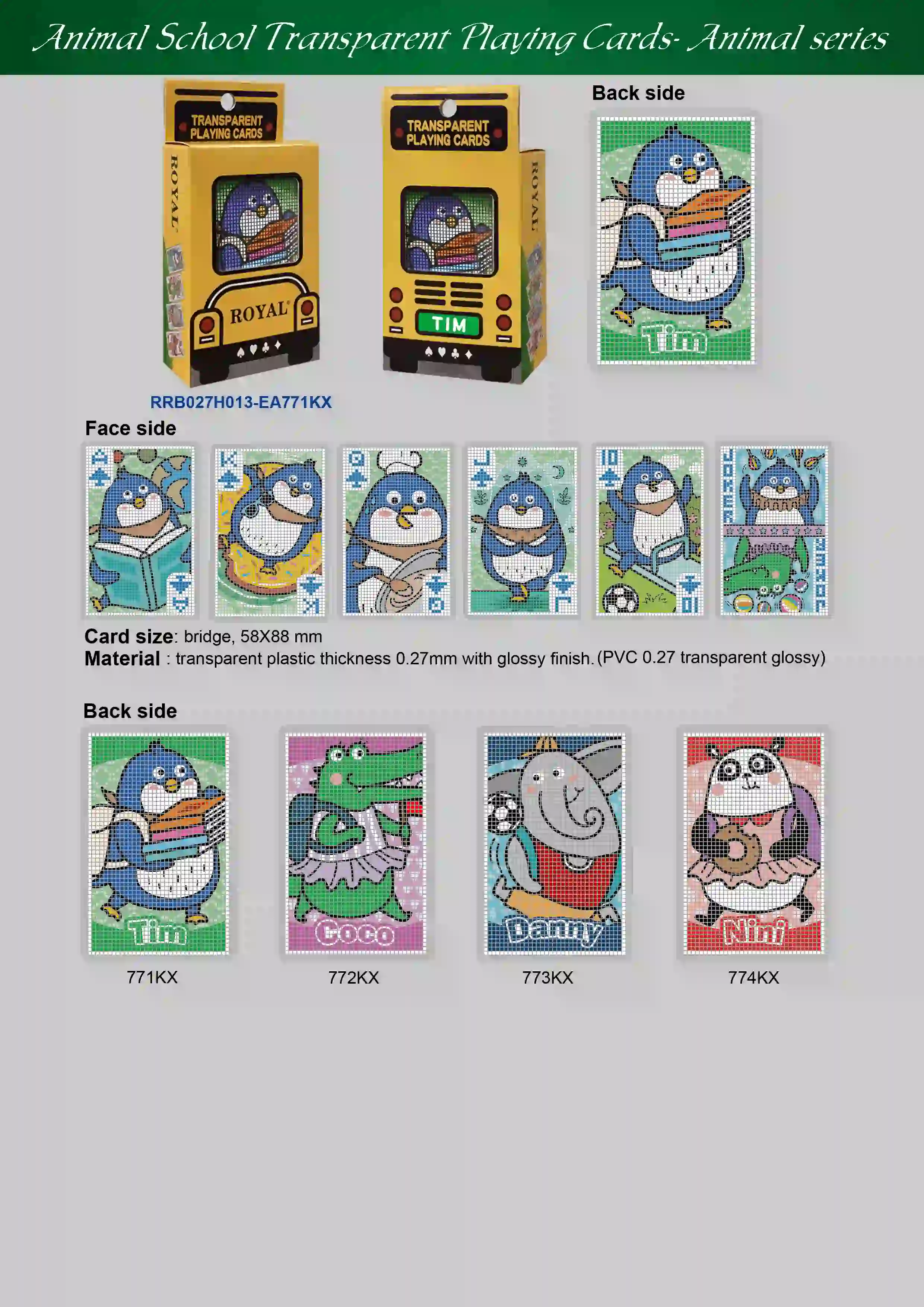 Transparente Spielkarten der Tierschule – Pinguin Tim