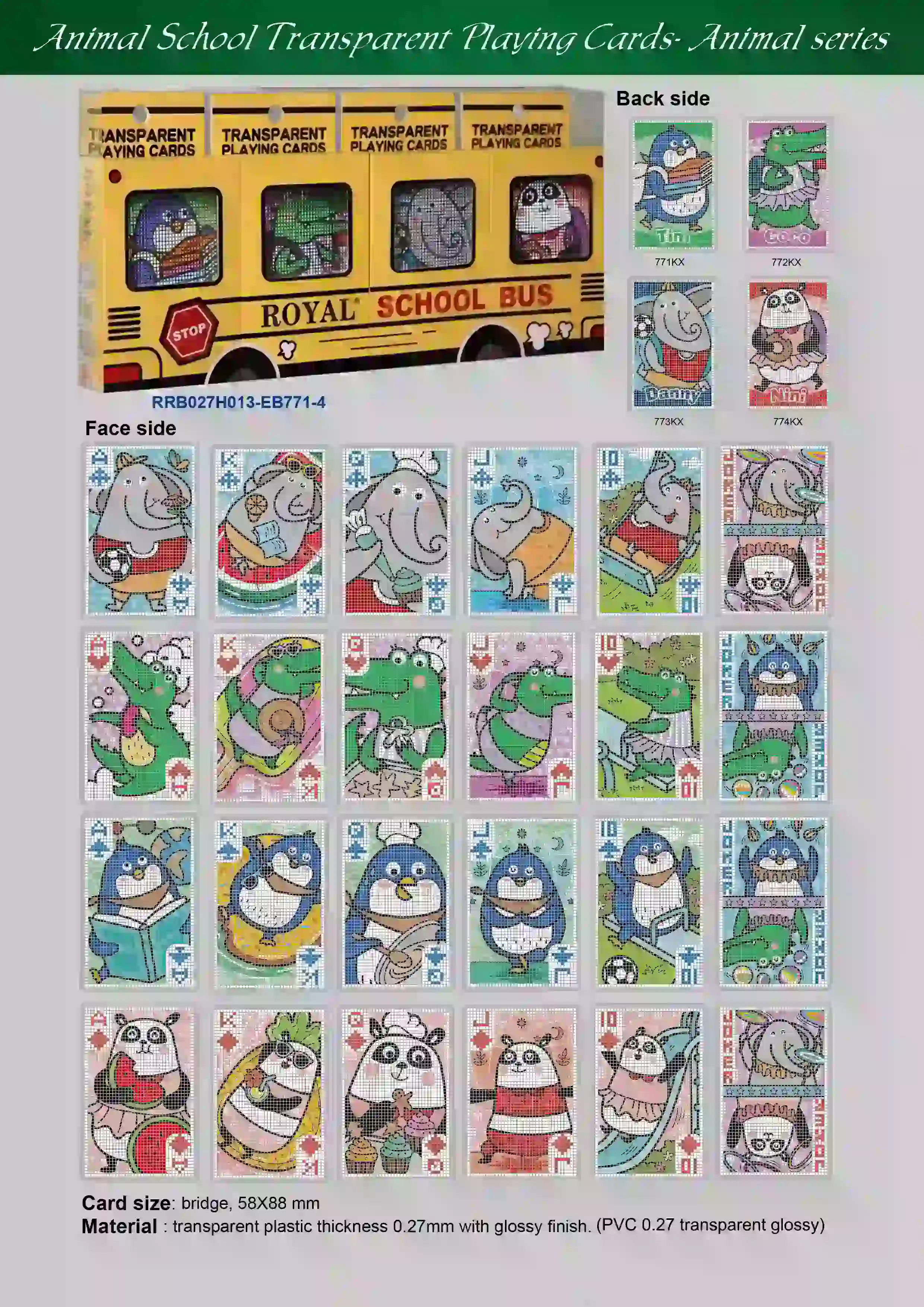 Cartas de jogar transparentes da Animal School - Conjunto de ônibus escolar