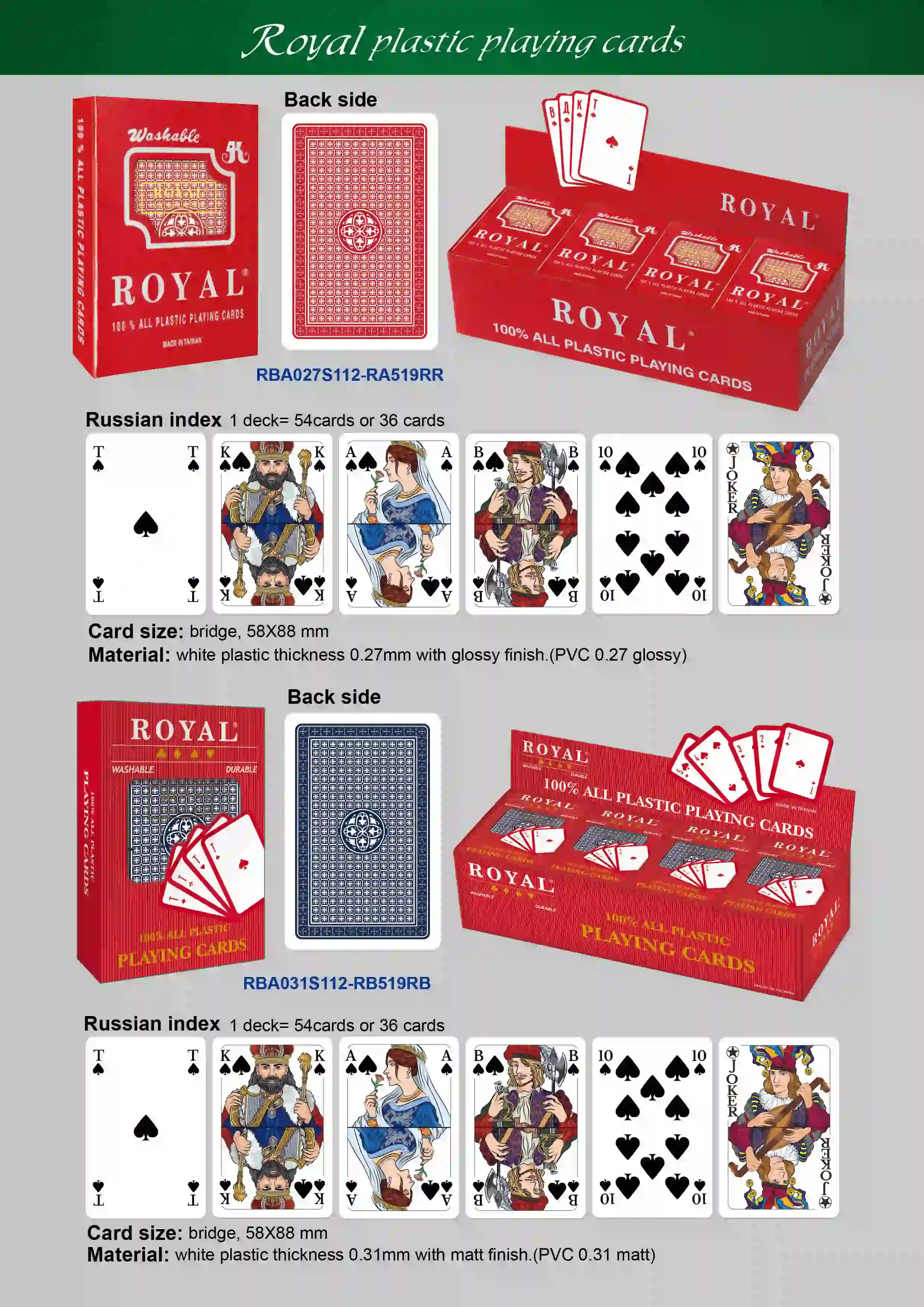 【NOVIDADE】 Cartas de jogar de plástico ROYAL - Índice Russo
